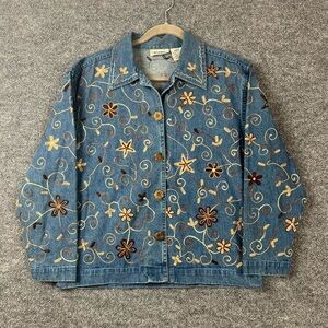 Units Jean Jacket Women's‎ Large Floral Embroidery Denim Button Up Vintage 90s